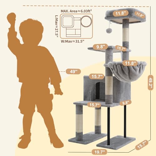Image of Heybly Cat Tree with Toy, 49 inch Cat Tower for Indoor Cats HCT200SW | Spacious Cat House Condo with Hidden Space，Soft Plush Top Perch，Cozy Hammock and Sisal Scratching Posts, Light Gray