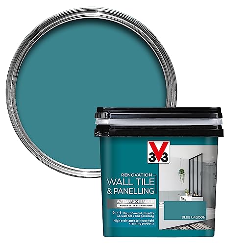 V33 Renovation Wall Tile & Panelling Paint - No Undercoat Needed - for High Moisture Surfaces - Resistant to Temperature Variations - Lagoon Blue Satin 750ml