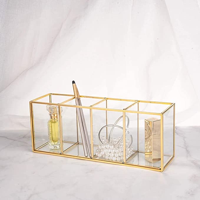 Image of Gold Glass Makeup Brush Organizer - Cosmetic Brush Holder with Metal Frame for Vanity, Dressing Table & Bathroom Counter - Multi Slot Makeup Storage - 29 x 7.5 x 10 cm