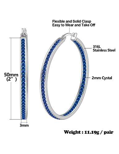 Large Blue Hoop Earrings For Women Big Hypoallergenic Stainless Steel Earring Arskro 2 Inch Cz Royal Blue Earring 50Mm Rhinestone Diamond Bling Cubic Zirconia Crystal Jewelry Gifts For Women Men Ladies Sensitive Ears #TOP5