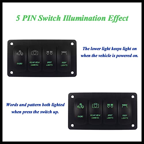 Image of 4 Gang UTV Rocker Switch Panel Pre-Wired Aluminum Green Led Marine Grade Boat Switch Panel for Truck Pontoon Camper ATV Console Waterproof 12V 24V IP66