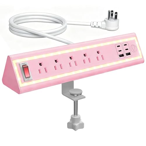 NYYTGE Desk Clamp Power Strip with Nightlight, 40W Fast Charging, 10FT Extension Cord, 4x20W USB-C & 2 USB Ports, 5 AC Outlets, Fits 1.69-Inch Table Edges