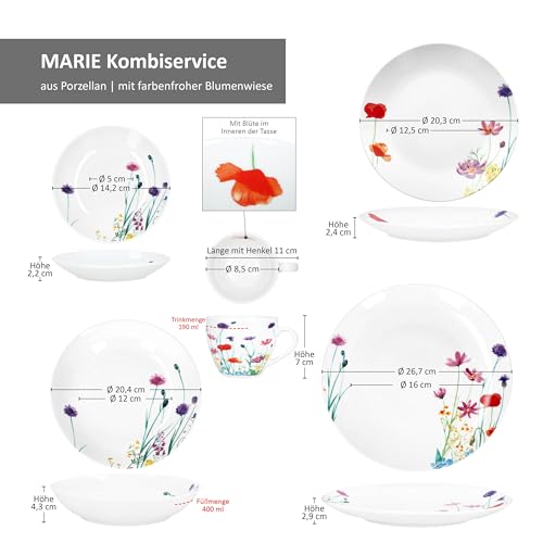 MamboCat Marie 30tlg Kombiservice I Porzellan-Geschirrset mit Blumenwiese-Dekor für 6 Personen I Je 6X Tassen, Untertassen, Kuchenteller, Suppenteller & Speiseteller