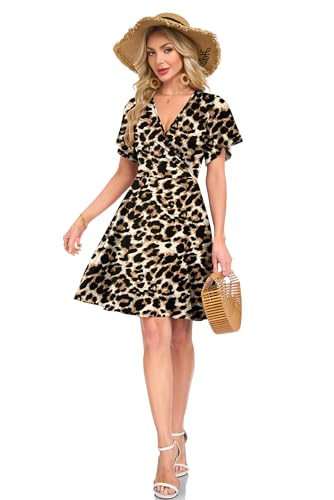 AUSELILY Damen Kleid Sommer Strandkleid Rüschenärmeln V-Ausschnitt Elastischer Taille und Taschen Swing Urlaubskleid Leopard Schwarz XL 2
