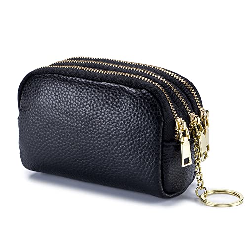AprinCtempsD Porte-Monnaie Petit en Cuir Véritable Portefeuille Mini Zippé Porte-Cartes avec 3 Zips pour Femme Fille (Noir)