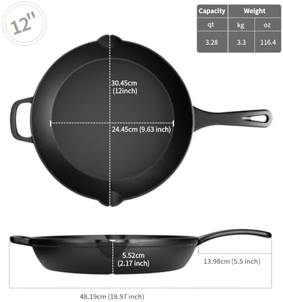 12 Inch Cast Iron Skillet – Large Pre-Seasoned Frying Pan, Ideal for Christmas Holiday Dinner, Family-Size Oven Safe Cookware - Thumbnail 4