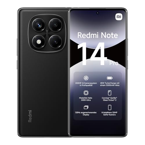 XIAOMI Redmi Note 14 Pro Smartphone, 8 + 256GB, Black, 200MP professionelle AI-Kamera, 5500mAh Akku, 32MP Selfie-Kamera, AI-Funktionen (kein Ladegerät enthalten)
