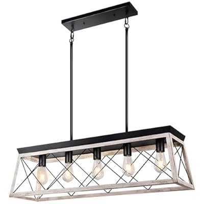 Merbotin Farmhouse Chandelier 5 Light Kitchen Island Lighting Rustic White Wood Finish Dining Room Light Fixture Adjustable Height Chandeliers Distressed Pendant Light Over Pool Table