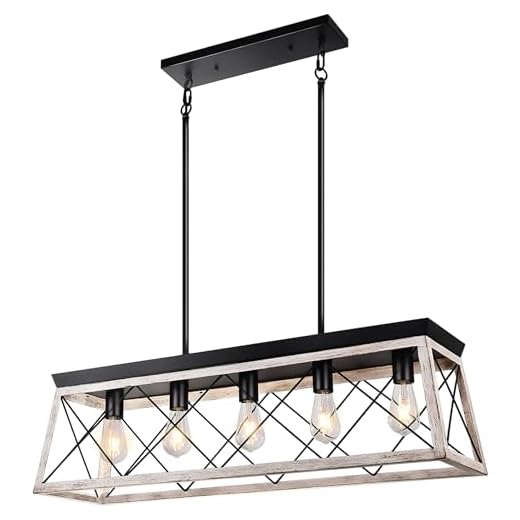 Merbotin Farmhouse Kitchen Island Light, 5-Light White Island Lighting Distressed White Wood Finish Rustic Dining Room Hanging Light Chandeliers - Grain White Wood Finish - 37.79 Inches
