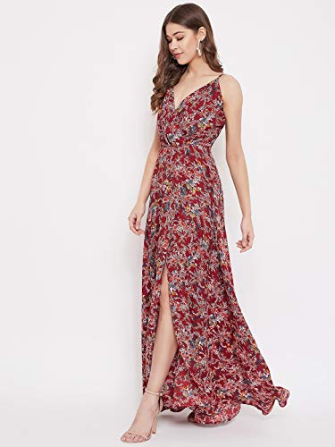 Image of Berrylush Red Solid V Neck Maxi Dress