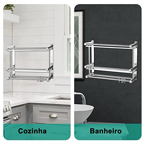 Suporte Organizador Banheiro Cozinha Prateleira Gancho Inox Condicionador Shampoo Toalha Multiuso Co