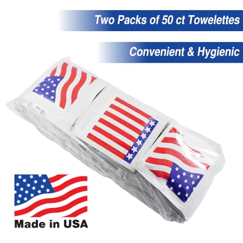 American Flag Moist Towelettes, Wet Wipes, Alcohol-free, Individually Wrapped, Lemon-scented, [100 ct, 2 Packs of 50 ct, 4.75"x 6.25"] Made in USA image 5