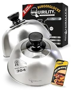 QUIRILITY® | Burgerglocke Edelstahl 2er Set. Grillglocke Mit Sichtfenster. Schmelzglocke Hitzebeständiger Griff. Burger Glocke Außen & Innen. Glocke für Smash Burger. Speiseglocke Spülmaschinenfest