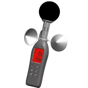 WBGT Heat Stress Meter Anemometer, Handheld Wet Bulb Globe Temperature Heat Index Checker with 3 Air Flow Cup, 75 mm Black Ball