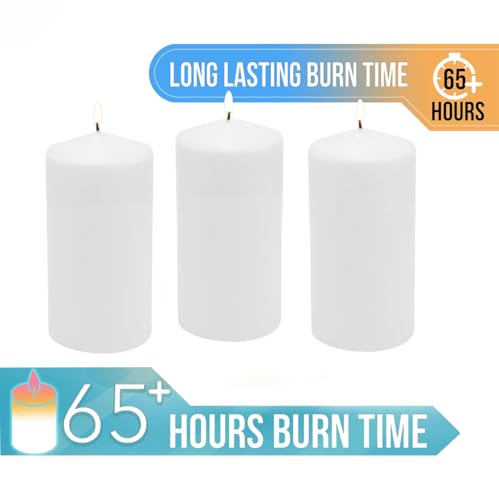 Image of Stonebriar 3 Pack Tall 3 x 6 Inch 65 Hour Long Burning Unscented White Wax Pillar Candles