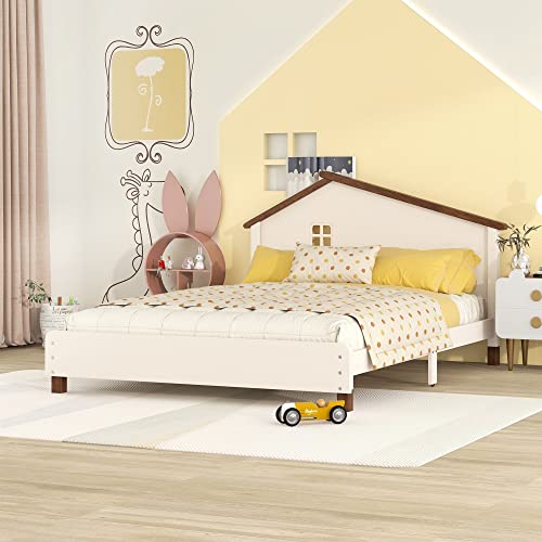 Full Bed Frame with House Shape Headboard Wood Platform Beds, Modern Full Size Panel Bed for Kids Boys Girls Teens Bedroom, Wood Slatted Support, Cream+Walnut