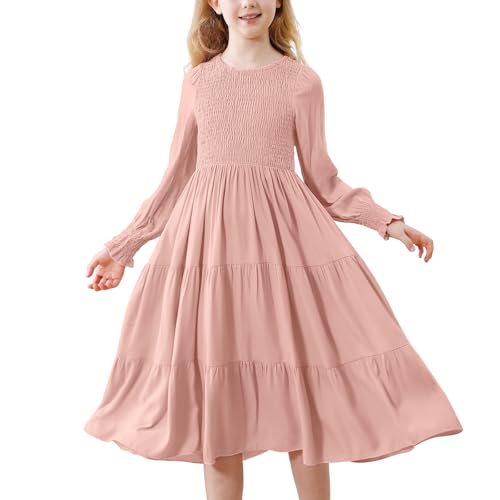 Girls Dresses Casual Long Sleeve Dresses for Girls Fall Winter High Waist Smocked Flowy Tiered Midi Party Girls Dress