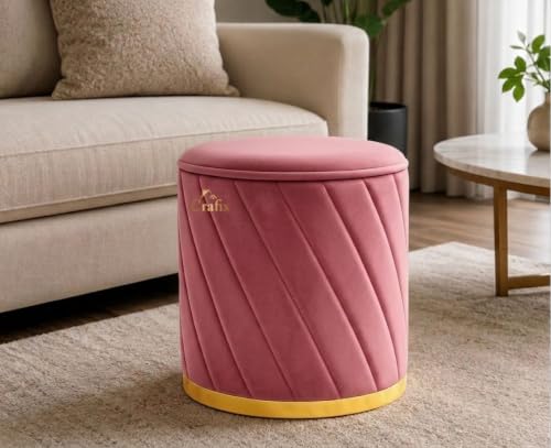 Image of Luxury Velvet Ottoman Stool for Living Room & Bedroom | Premium Round Pouffe with Gold Metal Base | Modern Footrest, Extra Seating & Home Decor (Pink Set of 2)
