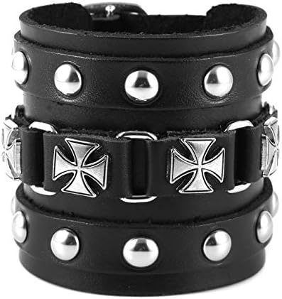 Men's Wide Cuff Wristband Punk Rock Motorbike Wide Belt Leather Bracelet (Black-A)