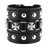 Men's Wide Cuff Wristband Punk Rock Motorbike Wide Belt Leather Bracelet (Black-A)