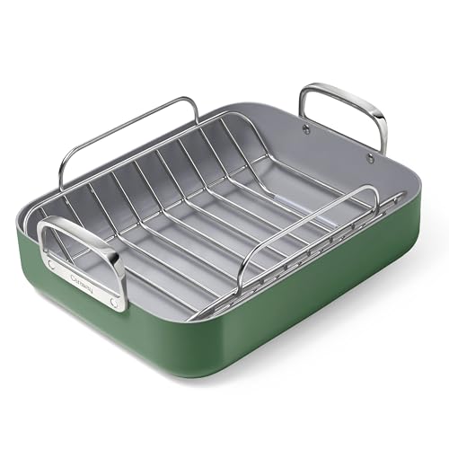 Caraway Roasting Pan - 16x13” Roasting Pan with Rack - Non-Stick Ceramic Coated - Non Toxic, PTFE & PFOA Free - Oven Safe & Compatible with All Stovetops - Sage