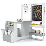 GOPLUS Bureau Enfant Fille Garcon avec Banc, 3 en 1 Tableau Chevalet Enfant Double Face Ajustable, Table de Dessin en Bois avec Rouleau de Papier, Tableau Blanc/Noir, Charge 50KG, Gris Clair