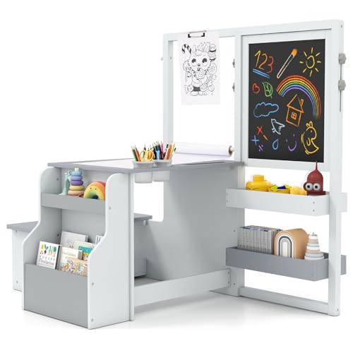 GOPLUS Bureau Enfant Fille Garcon avec Banc, 3 en 1 Tableau Chevalet Enfant Double Face Ajustable,...