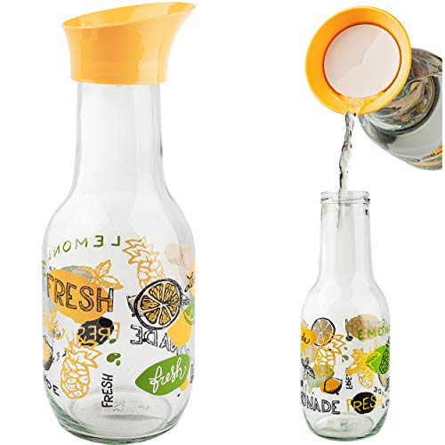 alles-meine.de GmbH 1 Liter - große Glas - Kanne/Krug/Wasserkaraffe - Getränkespender - Deckel mit Auslaufhilfe & Kippverschluß - Obst & Zitronen - Karaffe Kühlkaraffe - Glas..