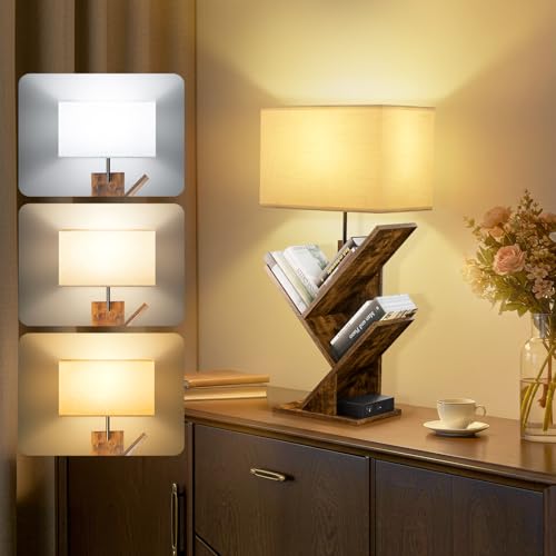 GOOGO Bücherregal Baumform mit Beleuchtung und Ladestation, 4 Ebenen Standregal für Bücher, CD, 3 Farbtemperaturen, Tisch bücherregal für Wohnzimmer, Schlafzimmer und Homeoffice (Braun)