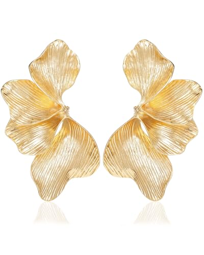 JUKOTA Pendientes Flor Mujer, Pendientes Dorados Grandes, Elegante Earrings Flores en Forma de Abanico, Exquisito Pendientes de Oro Mujer para Accesorios de Boda,Fiesta, Vida Cotidiana