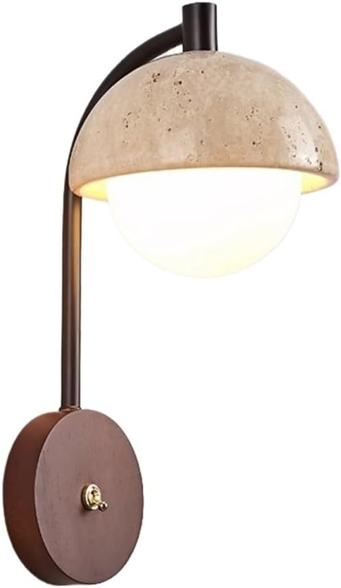 Travertine Wall Sconce, Beige Stone Globe Light, Walnut Wood Base with, Japandi Indoor Reading Light for Bedroom, Living Room, Hallway, Bedside, Entryway, Foyer Decor Parlor