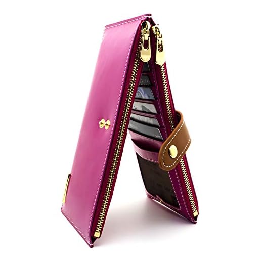 ANDOILT Mujer Cuero Genuino Billetera RFID Bloqueo Tarjeta de Crédito Poseedor Cremallera Carteras Teléfono Celular Bolsa Rosa Rojo