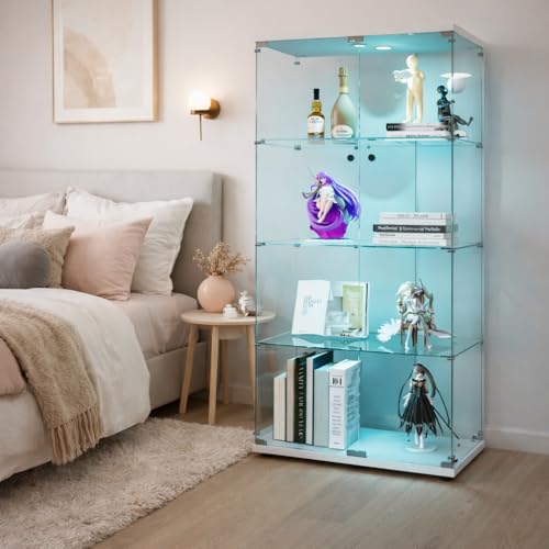 Vitrina De Cristal Con Led,Vitrina De Cristal De Dos Puertas 4 Estantes Armario Transparente De Colección Para Dormitorio Salón Y Comedor, Armario Vitrina 164 X 81 X 37 Cm 2 Puertas 4 Capa Led
