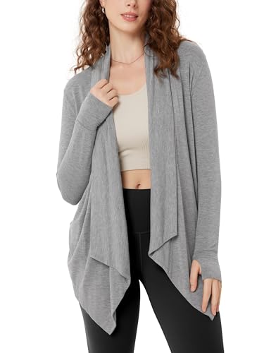 ODODOS Women's Drape Open Front Cardigans Cozy Soft Long Sleeve Casual Wrap Outerwear with Pockets Thumb Hole, Grey Heather, Small