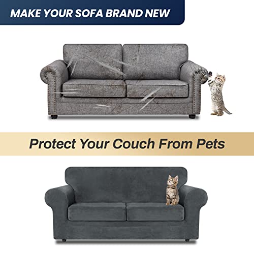 Asnomy Sofas Covers For 2 Cushion Couch Loveseat Cover Velvet Stretch Slipcovers For Dogs Cats ,2 Seat Cushion Furniture Protector Machine Washable（Medium，Dark Grey） #TOP6