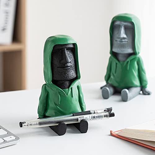 Lifexquisiter Easter Island Moai Statue Decor With Smartphone Stand, Retro Figurine Sculpture Home Office Ornament With Phone Holder, Moai Statue With Green Coat For Bookshelf Desktop Decoration, Grey #TOP2