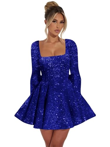 Long Sleeve Sparkly Sequin Homecoming Dresses for Teens Short Square Neck Mini Formal Cocktail Party Gown