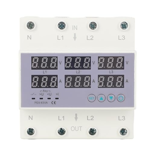 63A Trifase Voltmetro Amperometro su Guida DIN Protezione Sovracorrente Sovratensione Automatica Protezione Sovracorrente Stabilizzatore di Corrente per Protezione Domestica (63A)