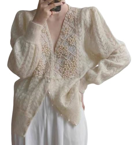 CHARTOU Women Open Front Cardigan Hollow Crochet Knit Dressy Sweater Outwear Pearls Deco