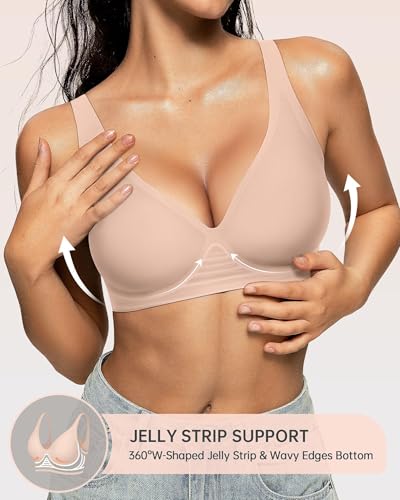 OEAK Womens Deep V Bras Wireless Comfortable Bra Supportive No Underwire Bras Tshirt Push Up Bralettes Plunge Seamless Bra Nude XL - Image 2