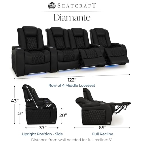 Image of Seatcraft Diamante Black Italian Leather Home Theater Seating, Zero Gravity Power Recliner Gaming and Home Office Chair, Powered Headrest Lounge Sofa Furniture Cinema Room, Row of 4 Middle Loveseats