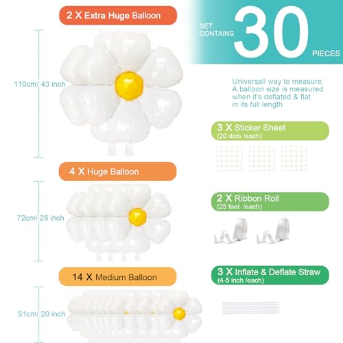 Image of Daisy Balloons 20 pcs White Daisy Flower Balloons Reusable Party Decorations for Birthday Wedding Ceremony Garden Beauty, 2 Extra Huge, 4 Huge, 14 Medium and 10 Fittings