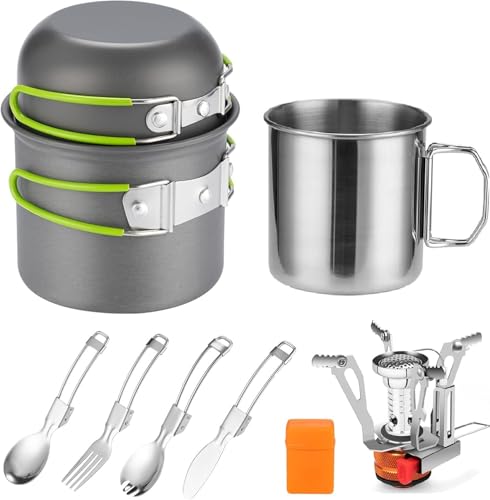 Camping Kochgeschirr Mess Kit für 1 Person, ISFORU Camping Antihaft-Kochset enthalten Rucksack Topf und Pfanne Set mit 304 Edelstahl Tasse und Utensilien Set (Mit Campingkocher)