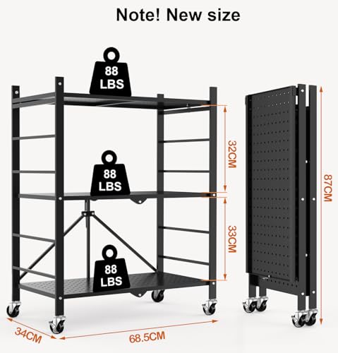 Image of Himix 3 Tier Foldable Storage Shelf with Wheels 6 Hooks No Assembly Black | Metal collapsible organization, Folding shelves rack, Wire shelving, Unit rolling cart, Kitchen, Garage, Holds 792 Ibs