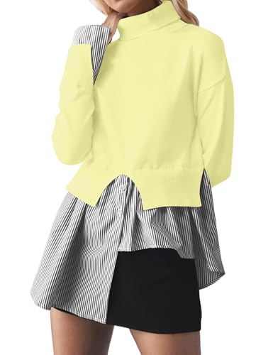 Image of MISSACTIVER Women Slit Turtleneck Patchwork Sweater 2 in 1 Buttons Down Pullover Knit Sweater Asymmetrical Hem Shirt Top