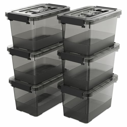 Image of 6 Pack Clear Black Plastic Storage Bins with Lids and Handles, Stackable Organizer Small Latch Boxes, Storage Containers for Organizing (4 Quart)