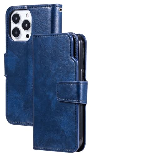 Étui tout en un en cuir iPhone 16 Pro bleu portefeuille magnétique