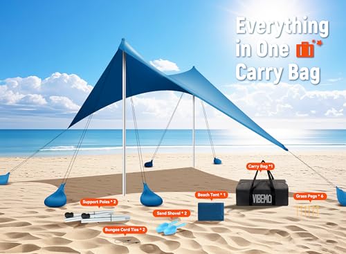 Vibemo Beach Tent, UPF50+ Sun Shelter, 10x10ft Outdoor Canopy with Sandbags, Ground Pegs, Stability Poles & Sand Shovel, Portable Sun Shade for Traveling, Camping, Fishing, Picnics & Backyard Fun - Image 7