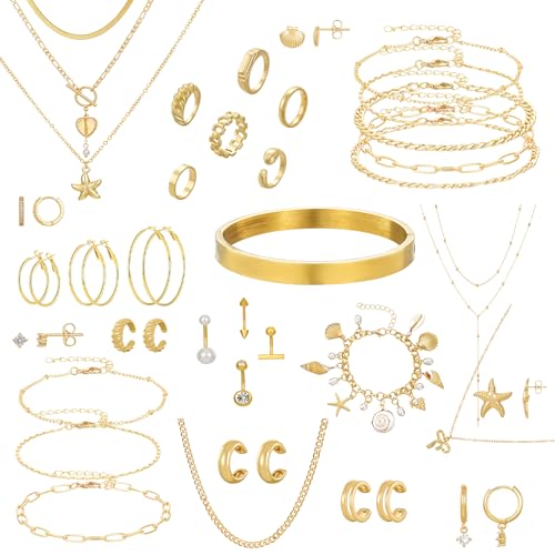 Gold Jewelry Set for Women,53 PC Gold Plated Jewelry Set with 9 Necklace, 9 Bracelet, 25 Ear Cuffs Earring, 5 Ankle Bracelets ,2 Rings and 3 Belly Button rings for Women Valentine Anniversary Birthday Gifts (49PC)