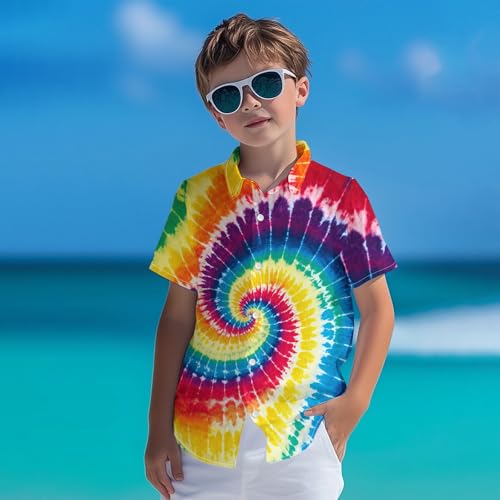 Image of Kids Tie-dye Hawaiian Shirt 80s Button Down Retro Short Sleeve Casual Beach Tropical Funny Party Outfits for Boys